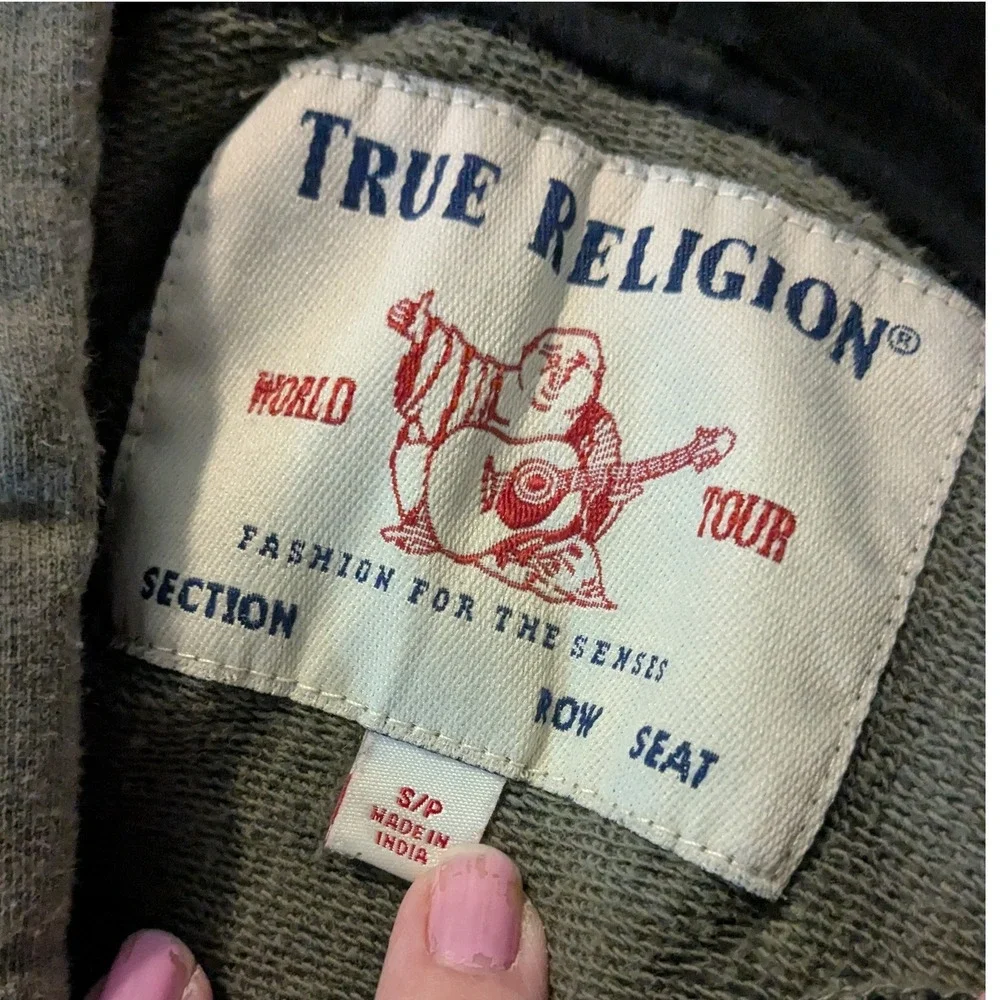 True Religion Mens Hoodie Gray Black Silver Metallic Logo Print Colorblock Small